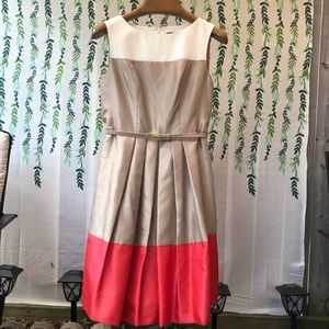 Laura shimmering dress cream, orange colour block sz 10 lined with belt,
